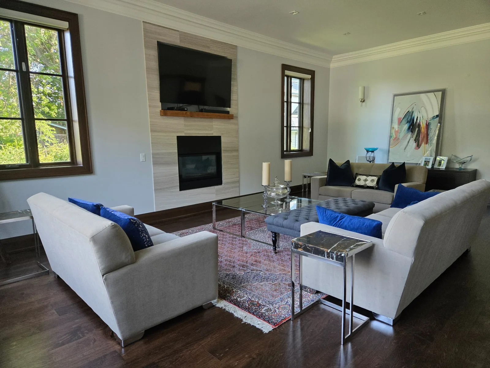 After-renovation final living room reset — furniture and decor restored using reference photos